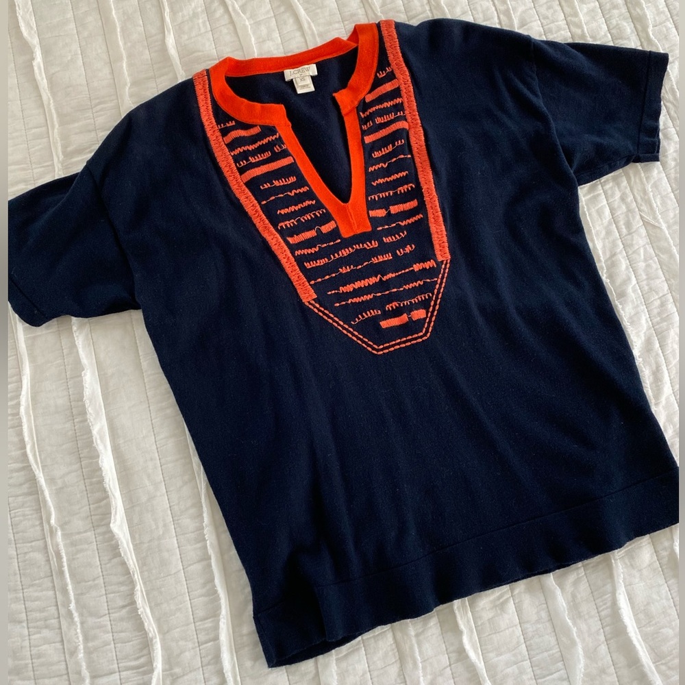 J Crew Embroidered Navy and Orange Top